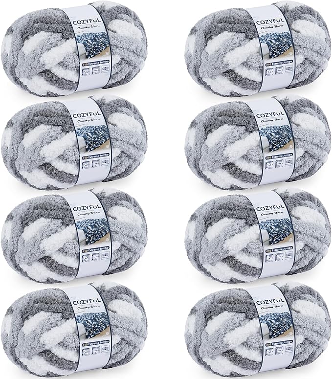 Chunky Yarn for Hand Knitting - #10 Chunky Chenille Blanket Yarn, Jumbo Big Thick Chunky Yarns for Crocheting, Tie Dye Bulky Knit Yarns, 8 Skein (25 yds 8 oz Each Skein), Multi Grey&White
