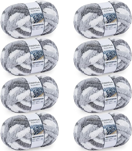 Chunky Yarn for Hand Knitting - #10 Chunky Chenille Blanket Yarn, Jumbo Big Thick Chunky Yarns for Crocheting, Tie Dye Bulky Knit Yarns, 8 Skein (25 yds 8 oz Each Skein), Multi Grey&White