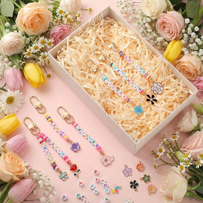 Tondiamo 2823 Pcs Bead Keychain DIY Craft Making Kit Bag Charms Key Ring Letters Beads String for Gift Jewelry Key Ring Backpack Accessories(Flower)