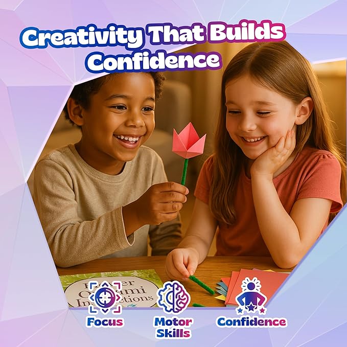 Pinwheel Crafts Flower Origami Kit for Kids Ages 8-12 | 150 Pcs Origami Paper Kit w/Multicolor Folding Papers, Chenille Stems,Buttons and Jewels, Arts and Crafts Paper Book for Kids Ages 6+