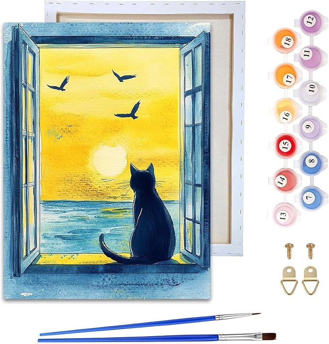 Reofrey Framed Paint by Numbers Kit for Adults & Beginner - 8x12 Inch Canvas Cat Animal Paint by Numbers - Educational & Creative Art Set for Beginners - Perfect for Home Wall Decoration C2030