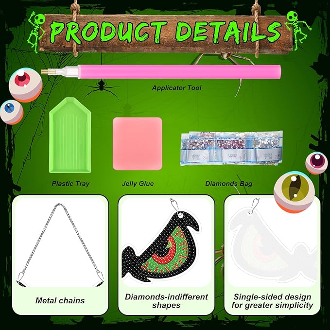 Chiisong 6 Pcs Halloween Diamond Art Painting Kit Hanging Sign Set Flashing Spooky Eyes Glow in The Dark Diamond Art Painting Kits Halloween Hanger Adult 5d DIY Craft for Wall Door Window Porch Decor