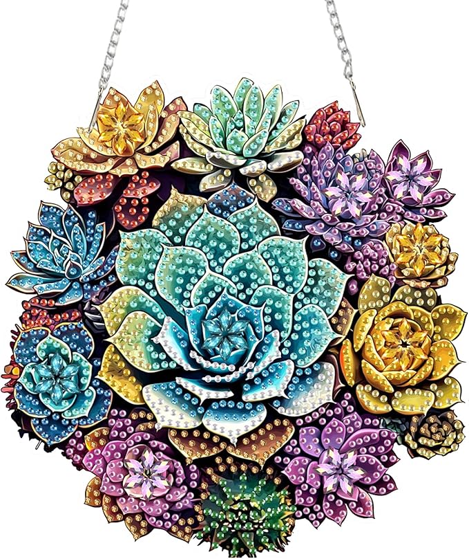 SENQAO Mandala Diamond Art Hanging Kit for Adult, Special Shaped Rhinestone,DIY Acrylic 5D Diamond Art Painting Window Pendants Home Garden Wall Hanging Kits Hanging Ornament（Mandala Succulent Plants）