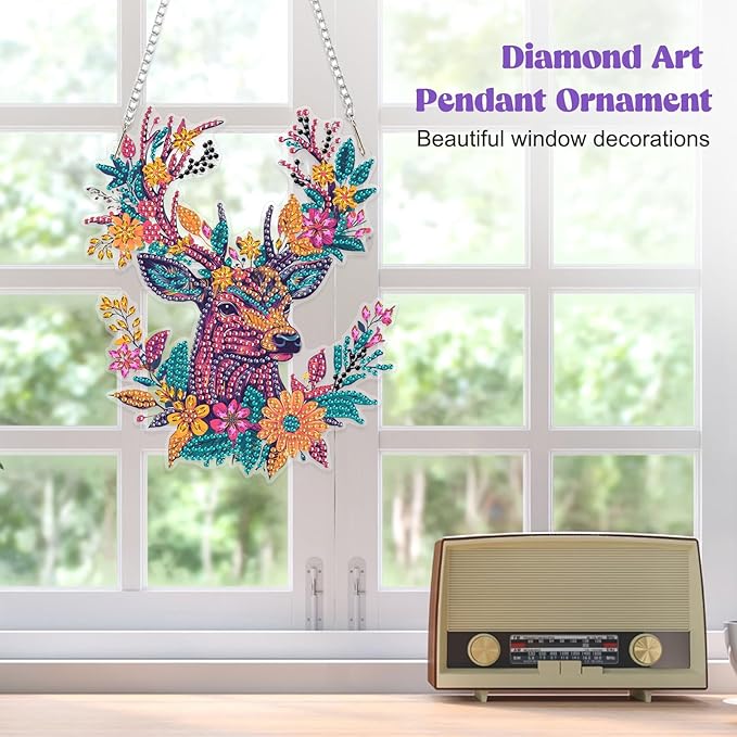 RICUVED Hanging Diamond Art Kit for Adults, Deer Special Shaped Crystal Gem Craft Flowers Diamond Painting Pendant Kit for Beginners, DIY Hanging Acrylic Art Ornament for Home Garden Wall Decor