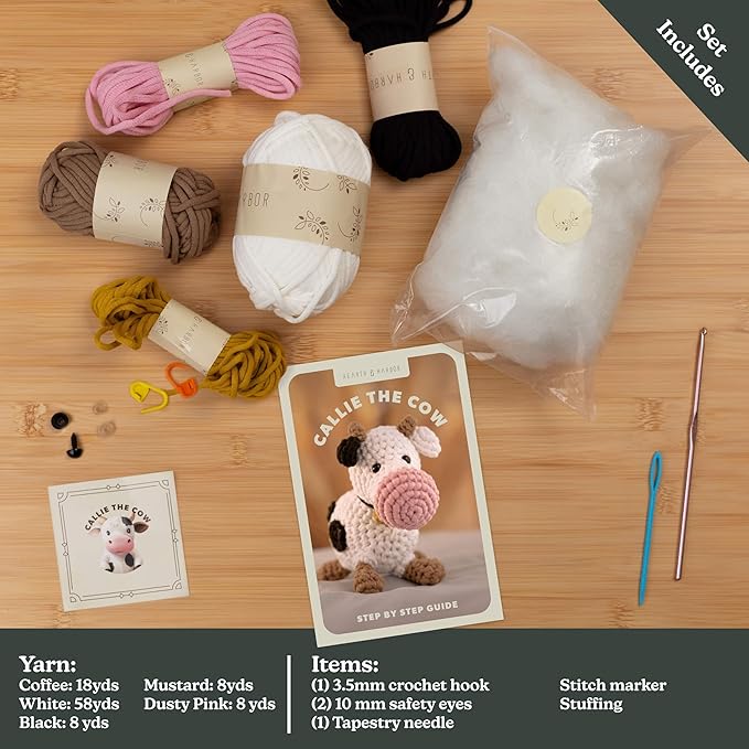 Amigurumi Crochet Kit for Beginners Adults and Kids, Learn to Crochet Kits for Adults Beginner with Easy Yarn, Stuffed Crochet Animal Kit with Step-by-Step Video Tutorials - Callie the Cow