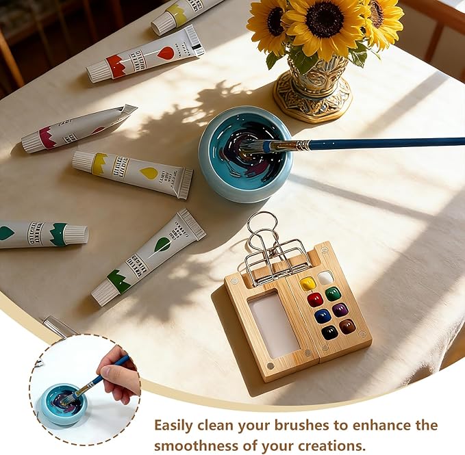 Mini Watercolor Paint Set Bamboo Travel Kit with Watercolor Palette Paintbrush Storage Bag and Water Storage Bottle Ready to Use Watercolor Sets for Artists and Beginners（8 Squares）