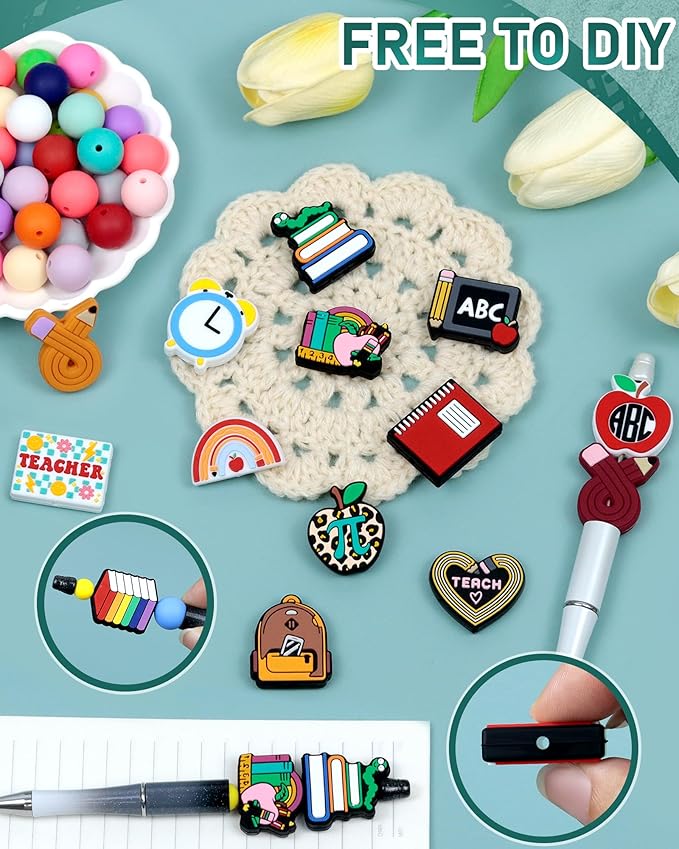 FIVEIZERO 17PC Teacher Silicone Beads - Cartoon Focal Beads for Back to School, Keychains, Pens, Jewelry Making & Teacher Appreciation Gifts
