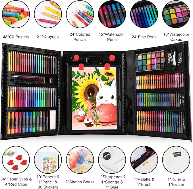 VigorFun Art Supplies, 240-Piece Art Set Crafts Drawing Kits with Double Sided Trifold Easel, Sketch Pads, Crayons, Colored Pencils, Gifts for Kids Girls Boys Teen Ages 4-6-8-9-12 (Black)