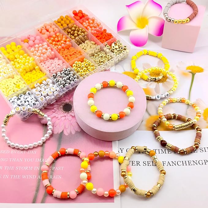 2220Pcs Fall Bracelets Beads Kit, Thanksgiving Fall Beads for Jewelry Making Autumn Yellow Orange Clay Beads Pearl Beads Round Loose Spacer Beads Heishi Beads Bulk for Necklace Earrings DIY Craft