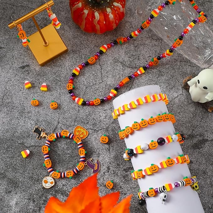 Augshy 300Pcs Halloween Polymer Clay Beads, Pumpkin Candy Corn Clay Beads Spacer Loose Beads for Bracelets Necklaces Earrings Craft Supplies for Jewelry Making