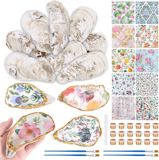 APUDWN 16 Set Natural Oyster Shells for Crafts 4-5 Inch Flat Oyster Shell Kits Drilled Includes Floral Chinoiserie Decoupage Napkins Glue Paints Twine Brushs for DIY Arts Hanging Ornaments