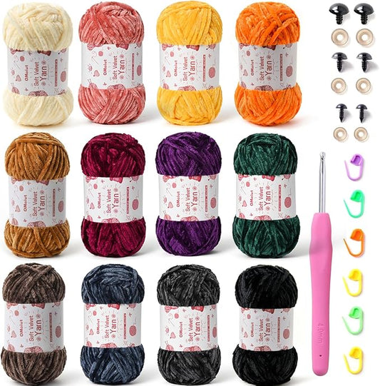 12 Pack Chenille Chunky Yarn - Baby Yarn for Crocheting Soft - Red Purple Green Pink Gray Blue Black White Velvet Yarns Crochet Blanket - Amigurumi Yarns Pack with Crochet Accessories F