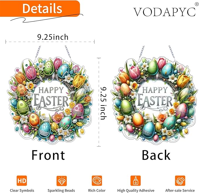 VODAPYC Easter Wreath Diamond Art Hanging Kits for Adults, DIY Double Sided Partial Special Shaped Diamond Art Window Pendant Ornament(Happy Easter Wreath)