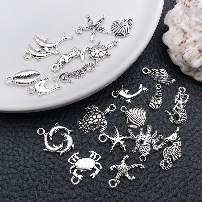 WOCRAFT 60pcs Antique Silver Ocean Charms Bracelet Charms for Jewelry Making Sets DIY Necklace Bracelet Keychain Crafting Charms Kit Craft Supplies (SN881)