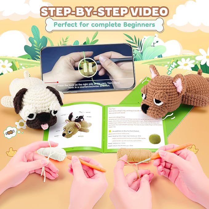 Crochet Kit for Beginners- Teacher Appreciation Gifts, 2 PCS Pug and French Bulldog Crochet Kits for Adults, Sleeping Dog Crochet Kit with Step-by-Step Video Tutorials Instructions DIY Knitting Kit
