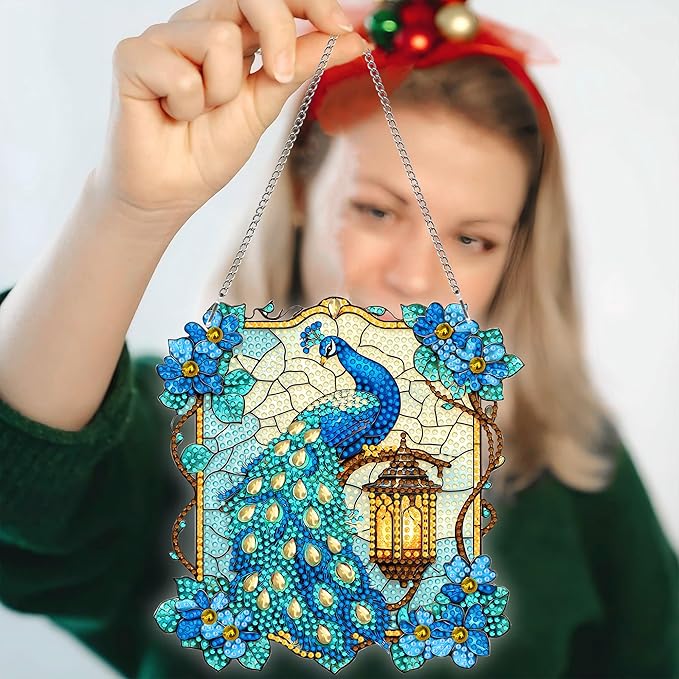 Pavemlo Hanging Diamond Art Kits for Adults Peacock Animal – 8x8 Inch Double-Sided Acrylic Board DIY Crystal Diamond Suncatcher Pendant, Sparkling Home Wall or Window Decoration Handmade Gift