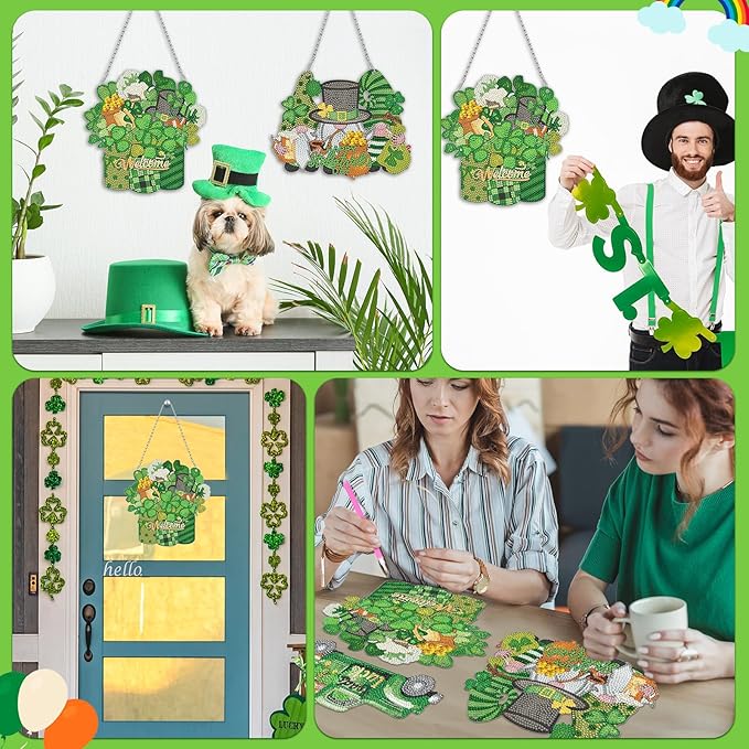 Burbell 3 Pcs St. Patrick's Day Diamond Painting Kits DIY Diamond Painting Hanging Sign Shamrock Gold Coin Beer Truck Gnome Art Kit for St. Patrick's Day Home Wall Decorations Mosaic Crafts Garden