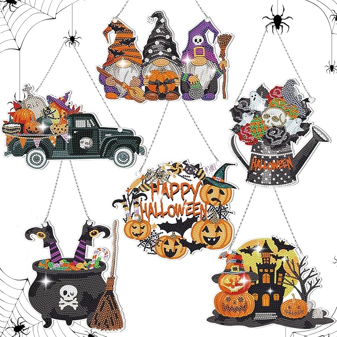 Chitidr 6 Pcs Halloween Diamond Painting Hanging Sign Set Witch Pumpkin Gnome Diamond Art Paint Arts Set 5D DIY Ornaments Kits for Halloween Wall Door Window Decor