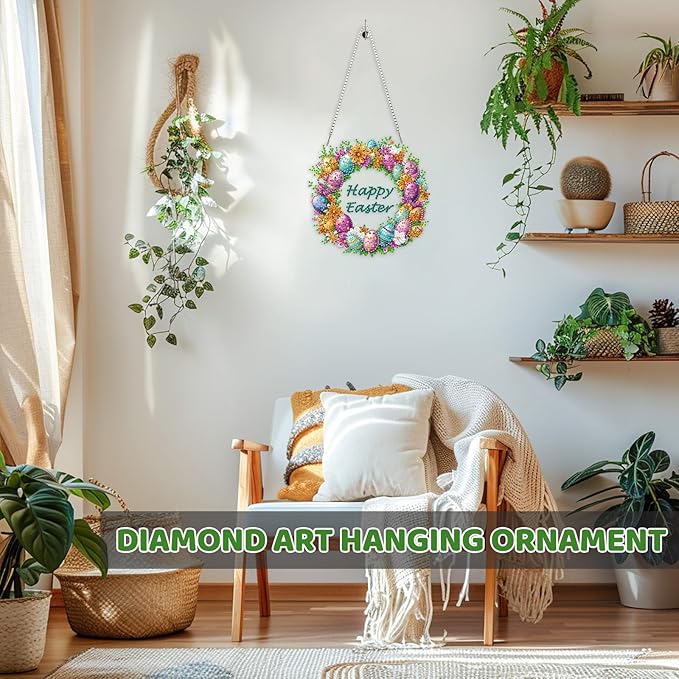 MEIYUDA Easter Egg Diamond Art Hanging Kits for Adult, Happy Easter Diamond Painting Hanging Kits Ornaments, DIY Special Shaped Rhinestone Window Pendant for Home Garden Wall Decor Gift