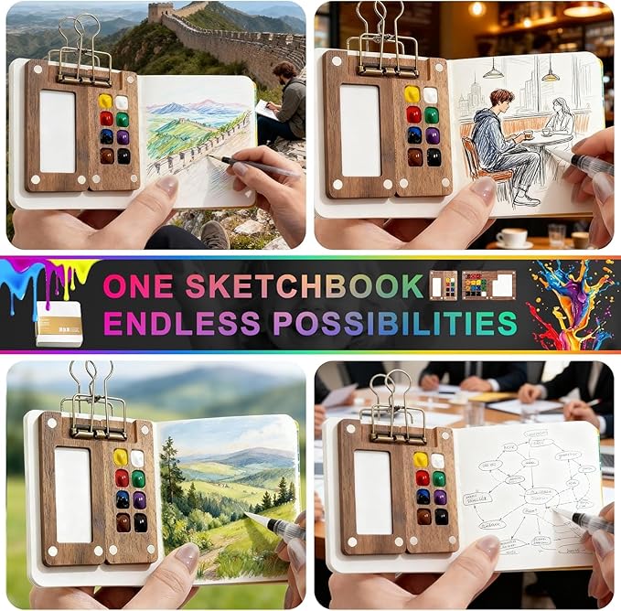Mini Watercolor Paint Set,24 color Paints, 15 Grids Portable Wooden Travel Palette, Sketchbook & Copper Clip, Metal Clip –For Beginners, Artists & Painting Enthusiasts