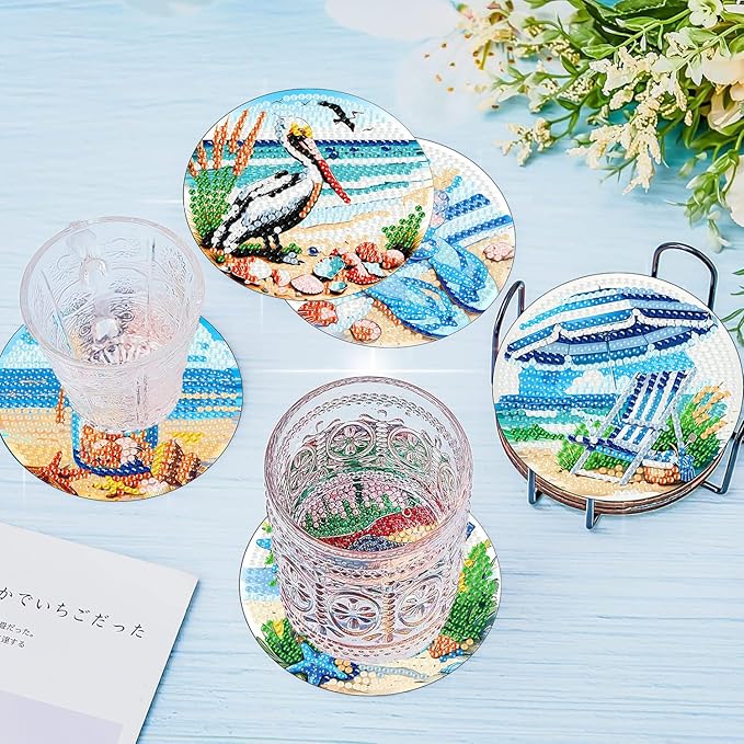 8 Pcs Beach Diamond Art Coasters Kit with Holder, DIY Beach Diamond Painting Coasters for Beginners Adults, Non Slip Diamond Art Kits Craft Supplies 4x4inch