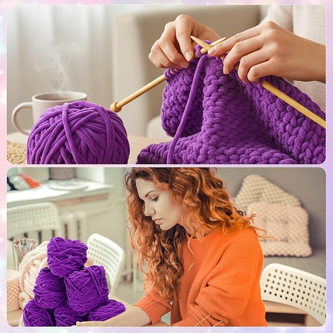 Timgle 12 Skeins Chunky Chenille Yarn for Crocheting, 552 Yards Bulky Purple Thick Fluffy Yarns Soft Velvet Plush Yarn for Hand Knitting Blanket Crafts Project