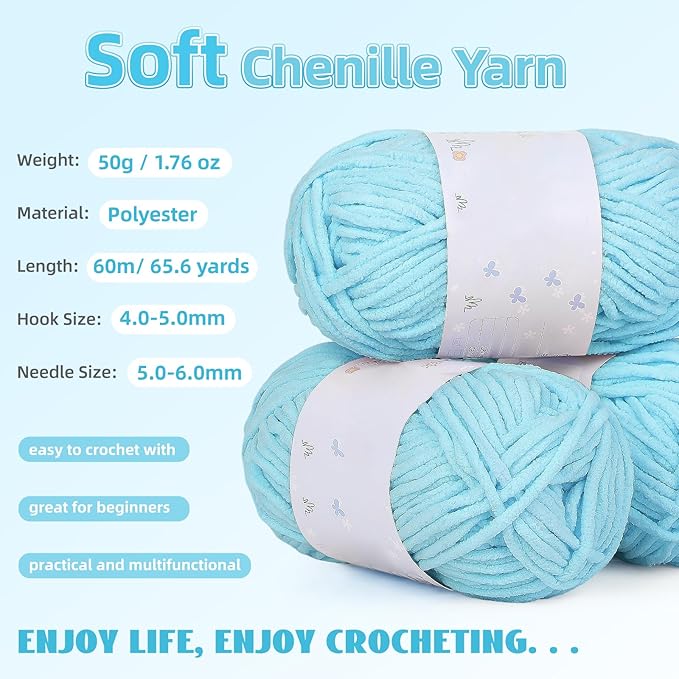 Aeelike Blanket Crochet Kit for Beginners, Easy Crochet Blanket Kit with Soft Chenille Yarns Detailed Instruction Crocheting Accessories Complete Beginners Crocheting Kits, Sea Blue