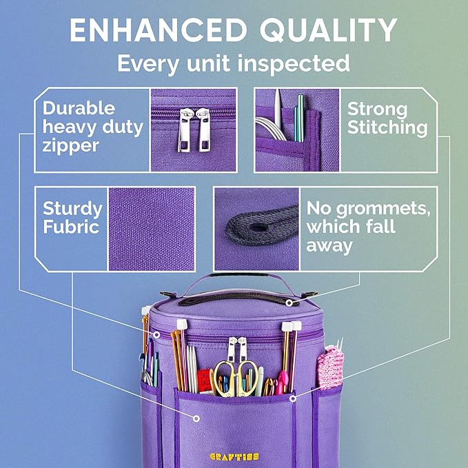 CRAFTISS Knitting Bag Yarn Storage - Gift for Crocheters - Durable Canvas Yarn Holder for Crochet Accessories - Organizer Crochet Bag with Knitting Accessories Case (Purple)