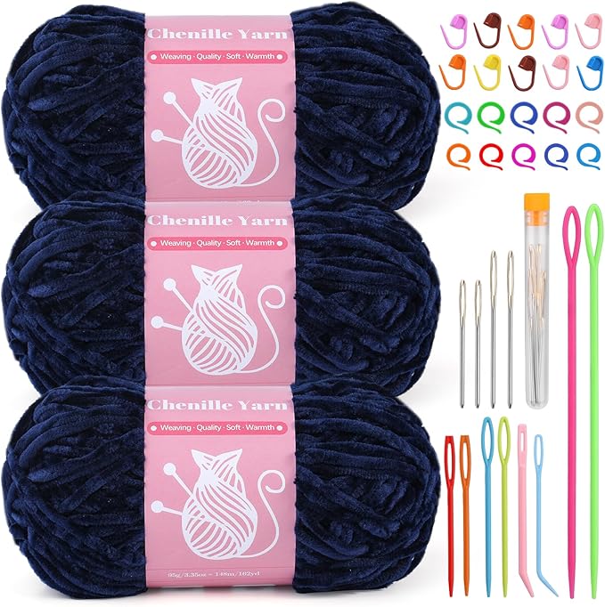 LUNARM Chenille Velvet Yarn for Crocheting Knitting with Big Eye Needles, Handcrafts Weaving Soft Chenille Yarn for Making Blankets Clothes Pattern Knitting-3 * 3.35oz,3 * 162yds (Navy Blue)