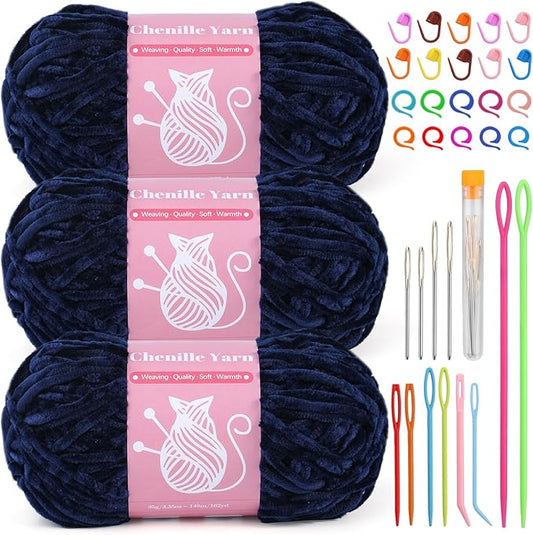LUNARM Chenille Velvet Yarn for Crocheting Knitting with Big Eye Needles, Handcrafts Weaving Soft Chenille Yarn for Making Blankets Clothes Pattern Knitting-3 * 3.35oz,3 * 162yds (Navy Blue)
