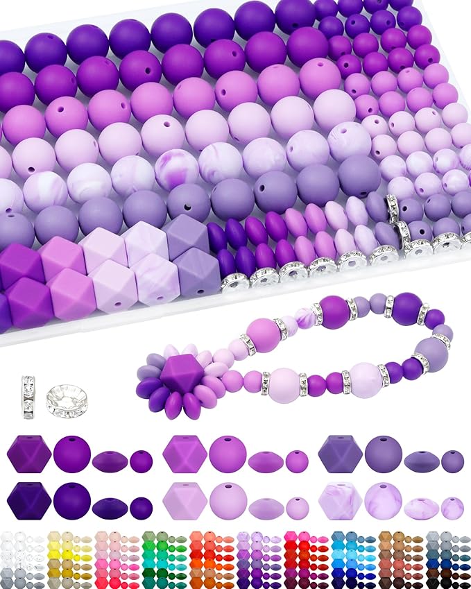 172PCS FIVEIZERO Silicone Beads for Keychain Making, 6 Mixed Colors Silicone Focal Beads Kit, 9mm & 15mm Round Lentil Hexagon Bead & Rhinestone Spacer Bead for Jewelry Making & Bracelets (Purple)