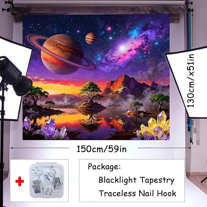 Duoduobuy 59x51 Inch Blacklight Tapestry Black Light Posters Glow in the Dark Tapestry Galaxy Space Tapestries Trippy Landscape Planet Magical Trees Crystals Wall Decor with Traceless Nail Hook Kit