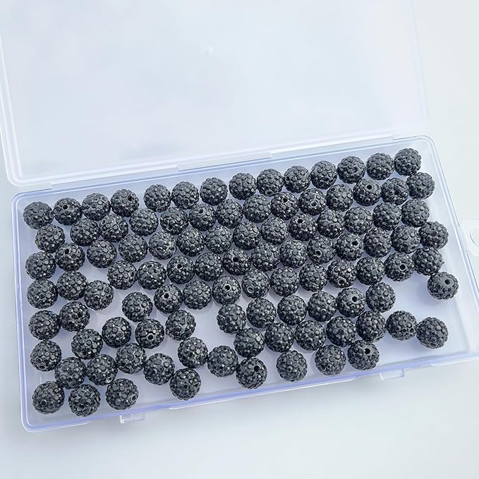 100 pcs 10mm Rhinestone Beads for Jewelry Making, Black Shiny Round Disco Ball Beads, Bulk Polymer Clay Rhinestone Bead Crystal Diamond Bead for Bracelet Necklace Earring Crafting