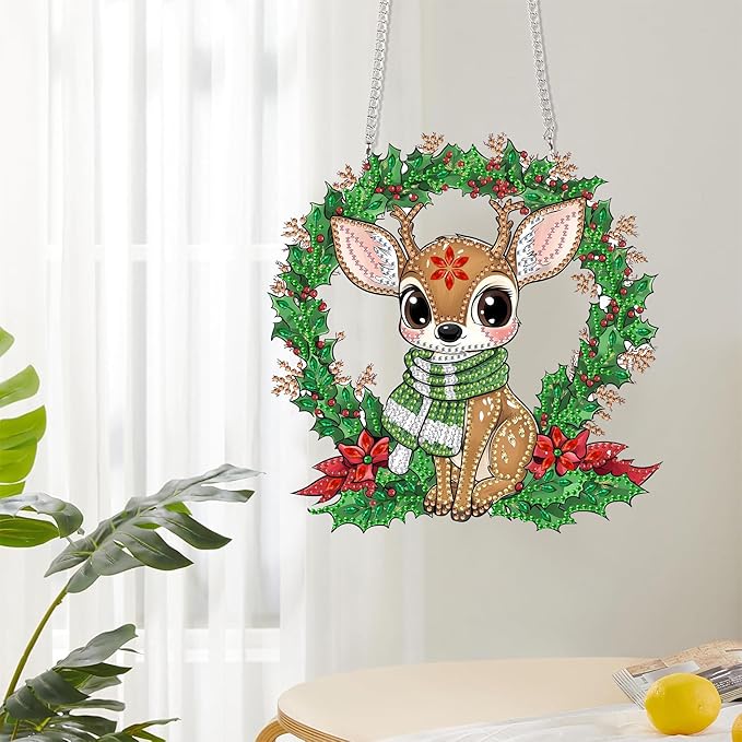 Reofrey Hanging Diamond Art Kits for Adults - 8x8 Inch Christmas Deer Acrylic Board Double Sided Pattern Diamond Art Suncatcher Pendant, Crystal Art for Home Wall or Window Decoration Handmade Gift