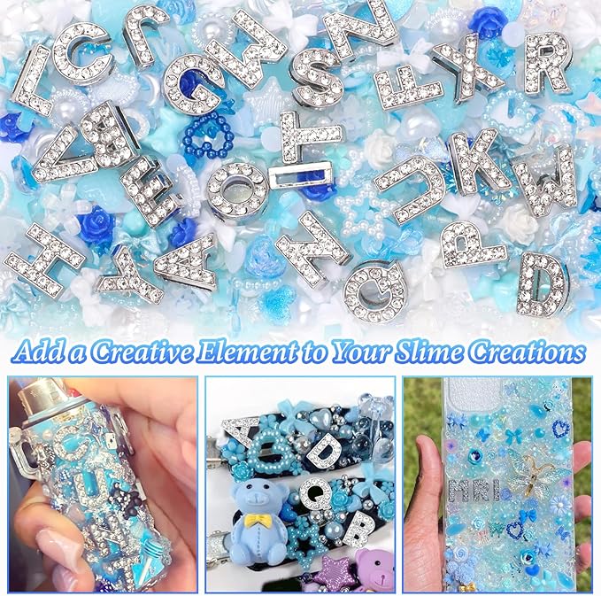 330 Pcs Blue Junk Phone Case Charms 26 Pcs A-Z Rhinestone Alphabet Letter Charms, Mix Flower Bow Heart Pearls Flatback Resin Charms Letter Junk Cases Kit for DIY Crafts