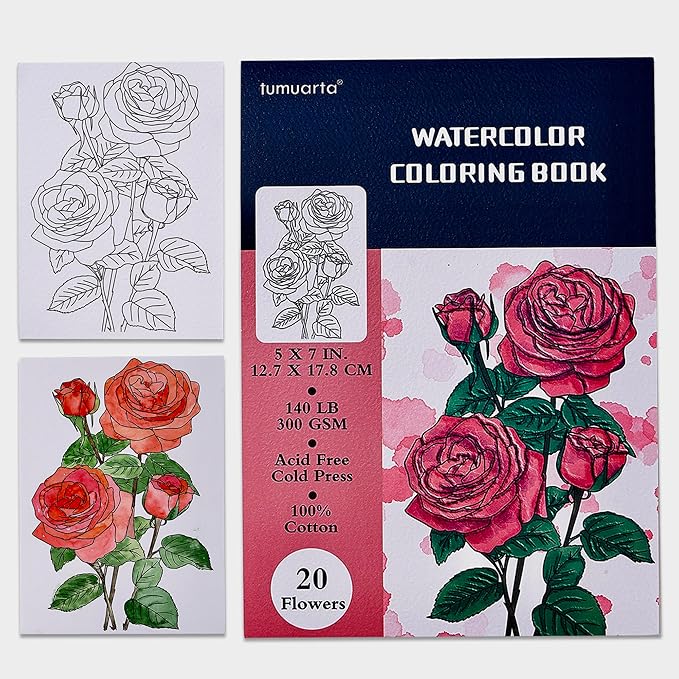 tumuarta Watercolor Coloring Book, 20 Unique Designs, 5x7”, 100% Cotton, 300GSM, 140 LB, Cold Press, Acid Free Watercolor Paper, Glue Bound Mixed Media Sketch Book Birds