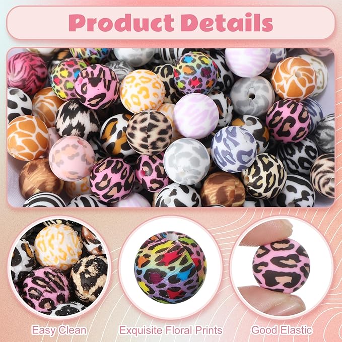Ferreve 120 Pcs 15mm Silicone Beads Bulk Leopard Print Silicone Beads Leopard Print Rubber DIY Bracelet Making Kit for Keychain Making Pens Necklace Jewelry