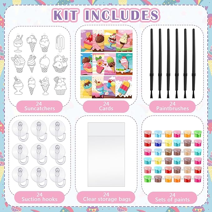 Geelin 24 Sets Summer Suncatchers Ornaments Decorations Ice Cream DIY Window Paint Art Christmas Suncatchers Craft Kits Sun Catchers for Birthday Summer Party Gift