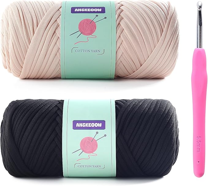 2 Skeins Tshirt Yarn for Crochet,Soft T Shirt Yarn for Crocheting Bag/Basket/Home Decor,Trapillo para Tejer a Crochet Bolsas with 1 Crochet Hook,Each Ribbon Yarn 7oz, 65yds(Black+Beige)