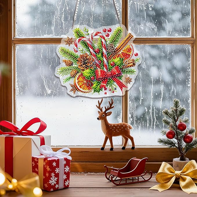 EMIEAUFG Christmas Diamond Art Hanging Kit for Adult, Xmas Candy Diamond Art Pendants, Double Sided Acrylic & 5D Special Shaped Rhinestone, Christmas DIY Ornament for Window Home Wall Decor