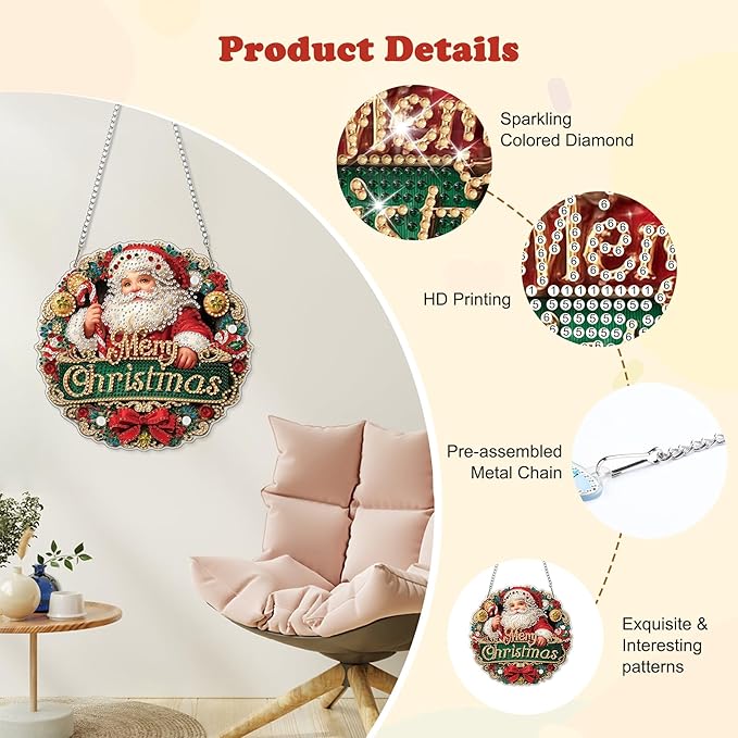 HEIBAGO Santa Diamond Art Hanging Kits for Adults Kids, 5D Special Shaped Crystal Diamond Painting Kit, DIY Pattern Window Pendant Gem Art Kit for Home Wall Decor 8.3 x 8.3 Inch
