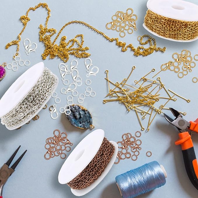 jishi 30ft jewelry making chains bulk 2mm necklace chains for jewelry making supplies, diy craft earring bracelet making findings, 3-colors gold silver copper plated metal rolo cable link chain rolls