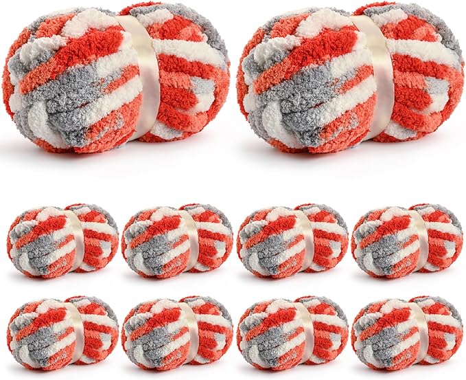 10 Pack Jumbo Chunky Yarn for Hand Knitting, Fluffy Chunky Chenille Yarn for Crocheting, Variegated Chunky Knit Baby Blanket Yarn, 240 yds /70.5 oz Super Bulky Yarn（White-Grey-Orange）