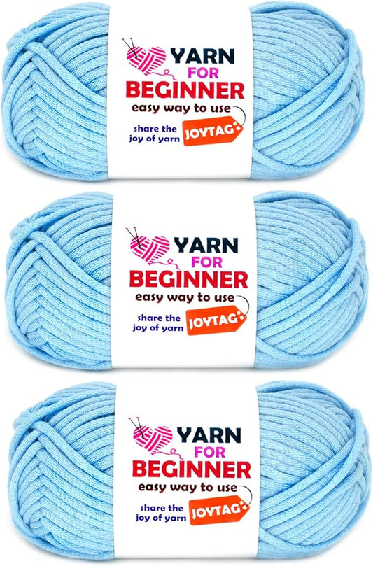 Light Blue Yarn for Crocheting and Knitting Cotton Crochet Knitting Yarn for Beginners with Easy-to-See Stitches Cotton-Nylon Blend Easy Yarn for Beginners Crochet Kit(3x50g)