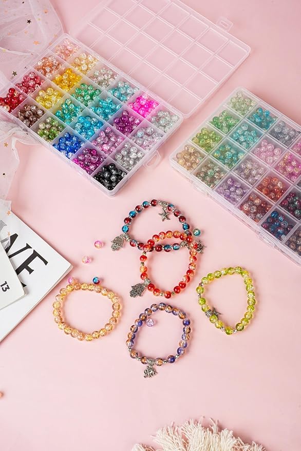 1300PCS 8mm Mixed Crackle Glass Beads for Bracelets Making with Accessories, 48 Colors Crystal Glass Beads Jewelry Making Kit, Round Beads for DIY Bracelet Crafts