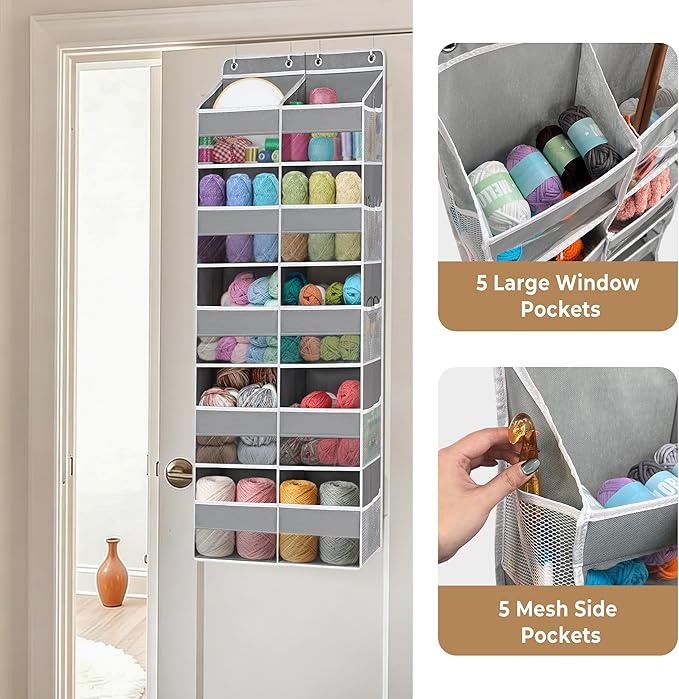 Hanging Yarn Storage Organizer, 10 Extra Large Clear Pockets Organizer with 10 Side Crochet Bag Organizer, Over The Door Yarn Storage for Crochet Hook, Knitting Needles,Gray