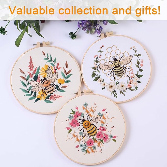 reewisly 3 pack embroidery starter kit patterns, diy adult cross stitch kits beginner, including 3 plastic embroidery rings, 1 scissors, colored threads,needles and instructions