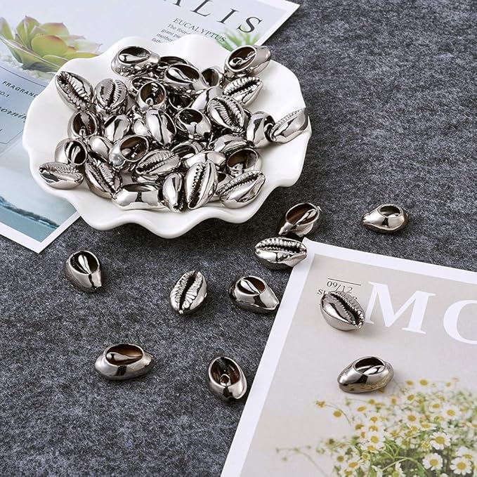 Cheriswelry 100pcs Sea Shell Electroplated Beads Undrilled Light Grey Spiral Cowrie Shell Oval Beads Ocean Summer Beach Loose Spacer Beads 17~21mm for DIY Bracelet Necklace Jewelry Making