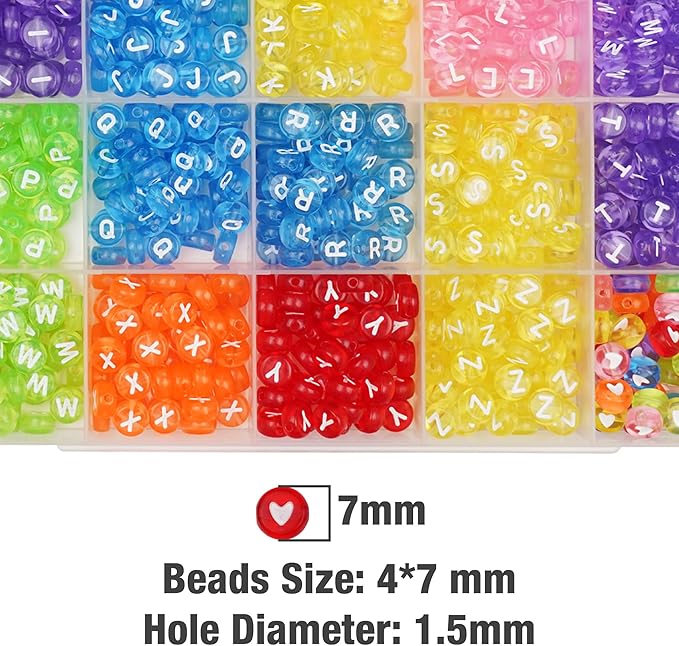 Melius Acrylic Clear Color Letter Beads, 1450 Pcs 4x7mm Transparent Colorful Round Alphabet and Heart Beads in 28 Grid Box for Jewelry Making, DIY Bracelets, Necklaces, Key Chains, Bracelets