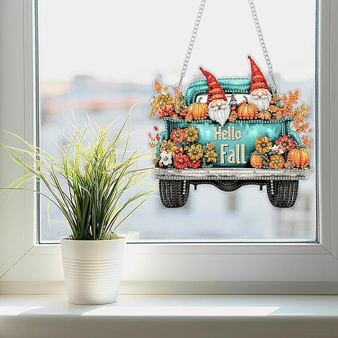 SENQAO Gnome Diamond Art Hanging Kits for Adults Beginners, DIY Acrylic 5D Special Shaped Crystal Diamond Gem Art Painting Hanging Ornament for Home Wall Decor and Gift（Hello Fall Pumpkin Flower）